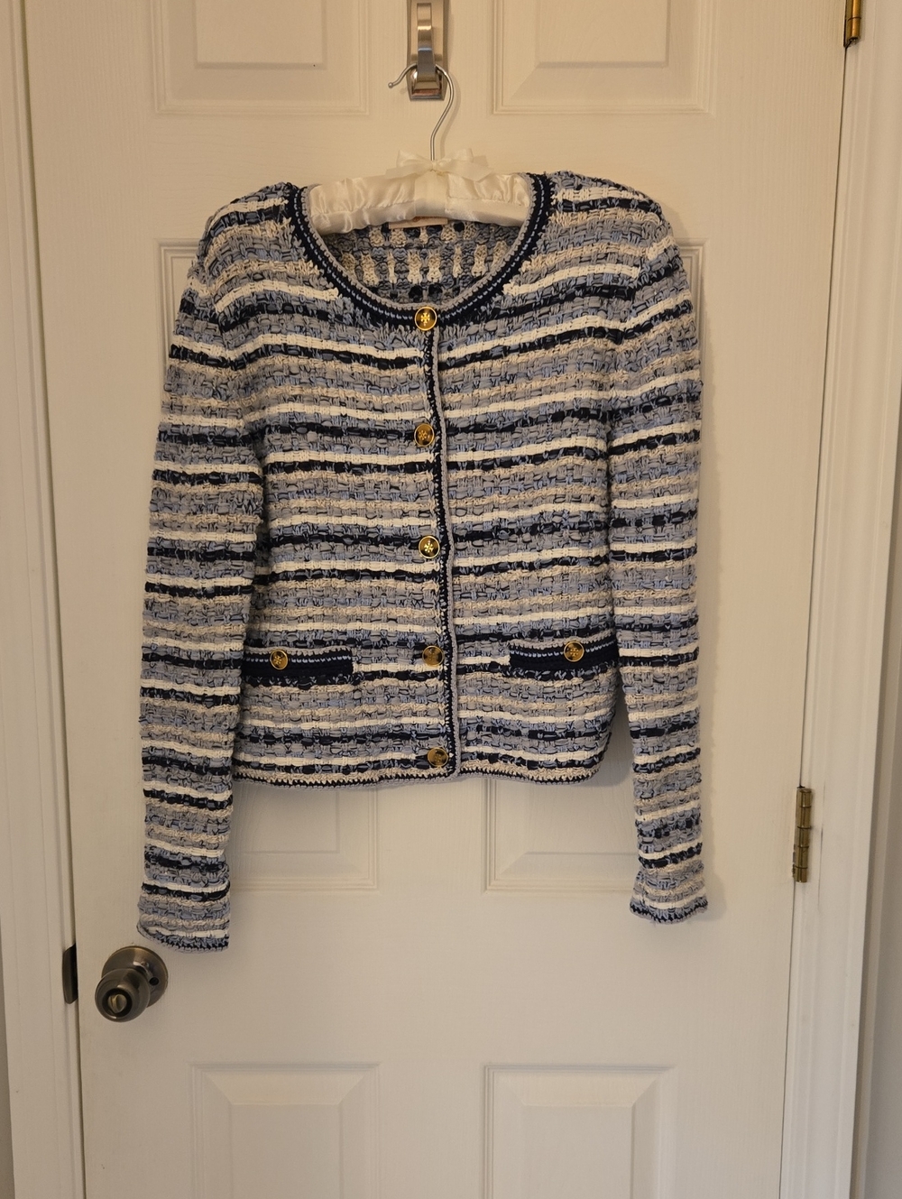 Tory Burch Navy & White Striped Tweed Jacket with Gold Buttons